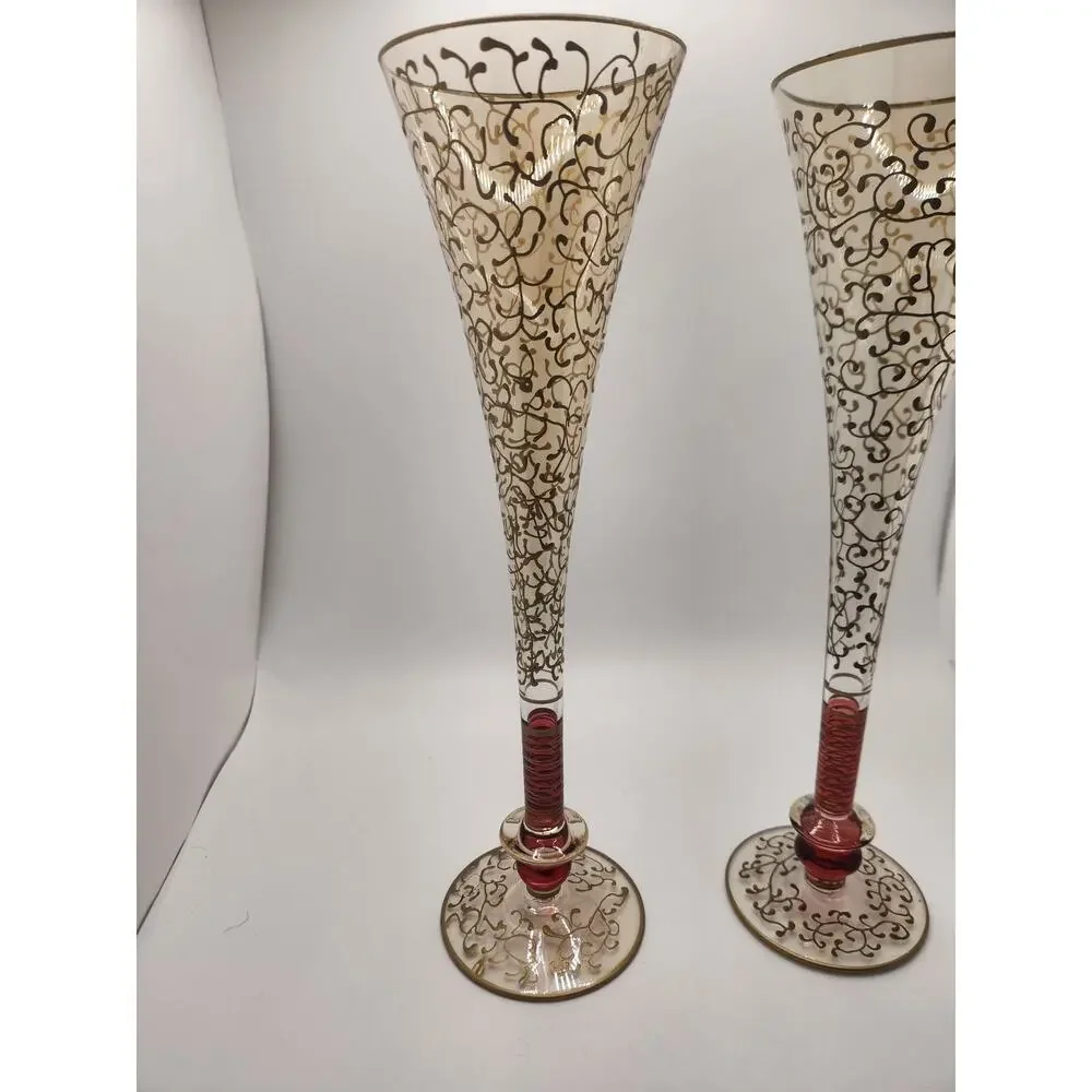 Pier 1 Fluted Champagne Glasses P1C8 Gold Filigree Red Stem Set of 2 Vintage